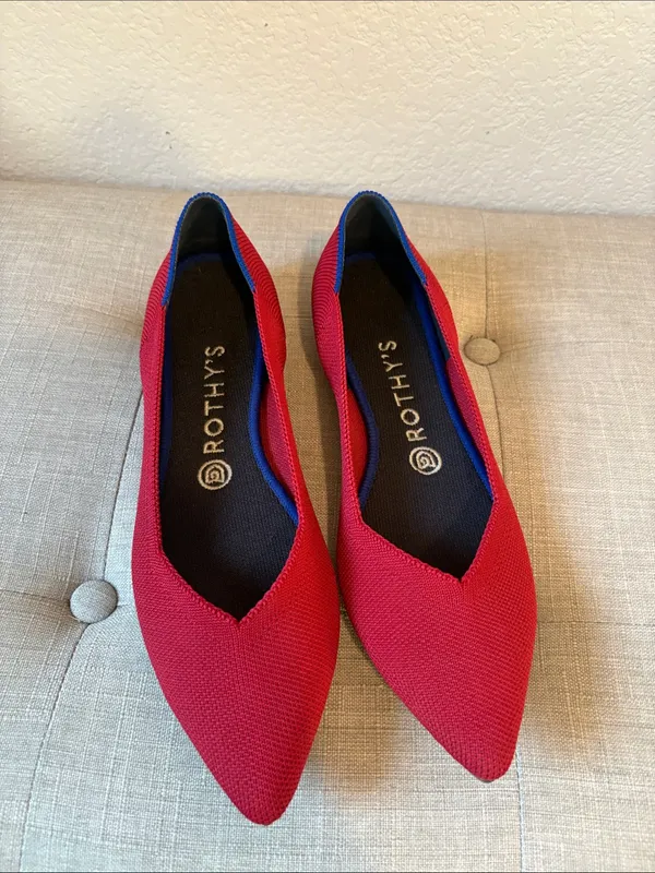 Rothy's Red Pointed Toe Knit Flats with Blue Trim size 9 - Image 2