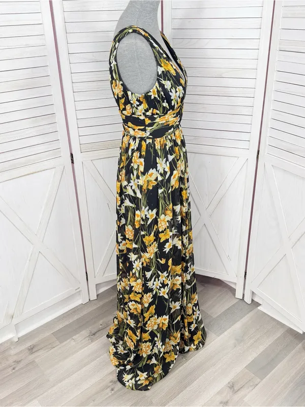 Aidan Mattox Floral Pleat V Neck Front Slit Formal Maxi Dress Black Yellow 8 - Image 4