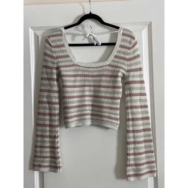 Hollister Crochet Knit Striped Knit Bell‎ Sleeve Square Neck Crop Sweater Small - Image 6