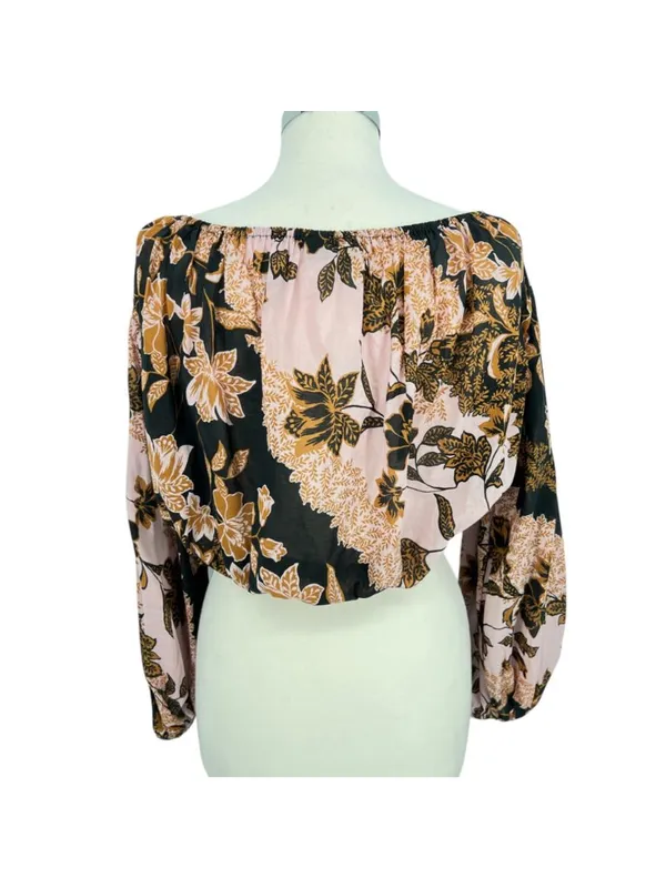 Vici Floral Boho Festival Off-Shoulder Puff Sleeve Blouse Pink Black Size Small - Image 5