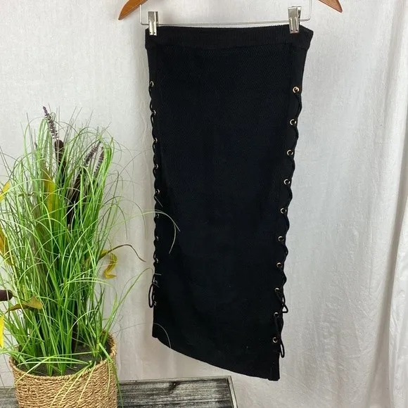 Alice + Olivia Women's Black Knit Straight Side Tie Midi Skirt S - Image 3