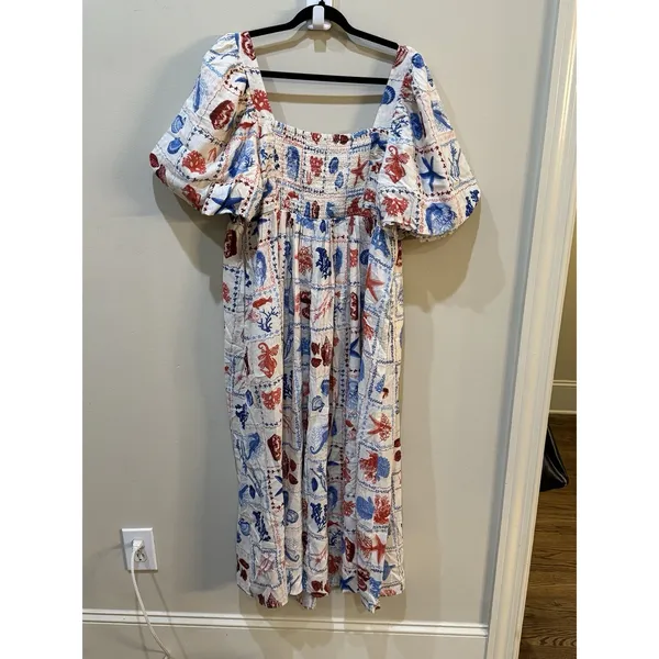 Nobody's Child Nova Print Puff Sleeve Maxi Dress Nautical Linen‎ Beach Shells - Image 5