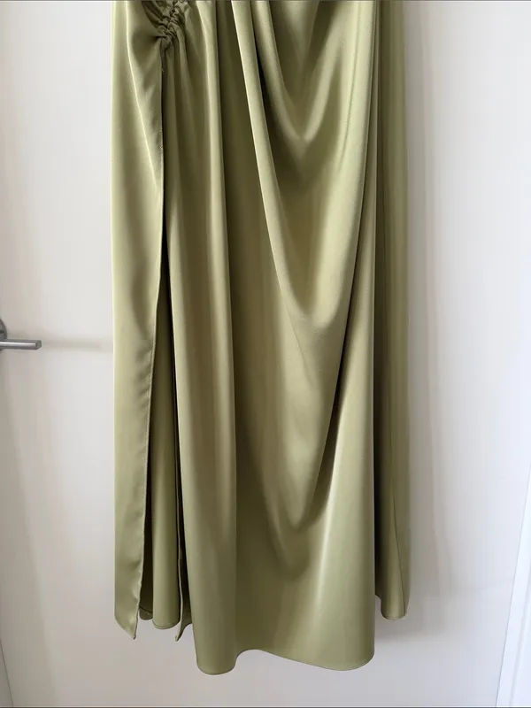 Sabo Skirt Olive Green Ruched Satin Maxi Dress - Image 3
