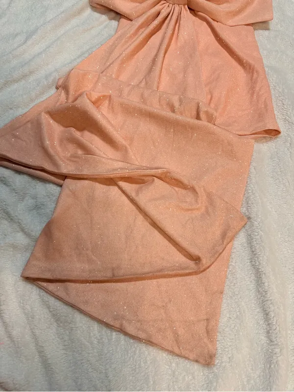 Lovely Day Strapless Peach Mini Dress with Dramatic Back Bow - Image 11