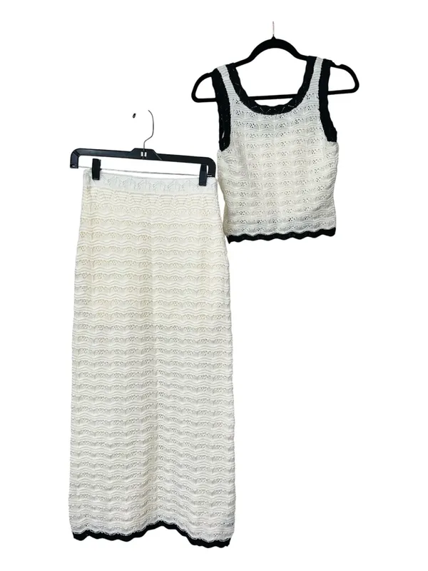 Commense Crochet Knit Crop Top Midi Skirt Set White Black Small NWT - Image 4
