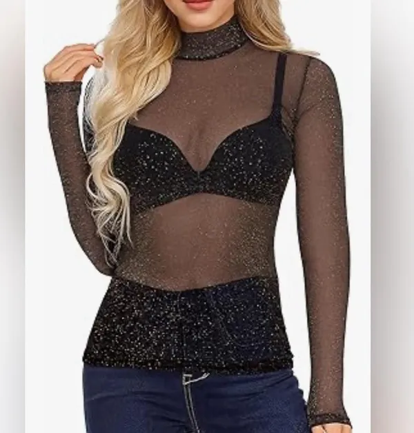 MANGOPOP NEW Mesh Tops Long Sleeve Glitter Sheer Stretchy Sparkly Shirt XS - Image 2
