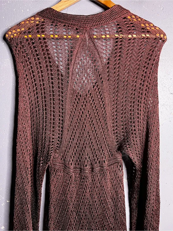 FREE PEOPLE Knit Crochet V-Neck Long Sleeve Dress in Deep Brownish Color. Small - Image 4