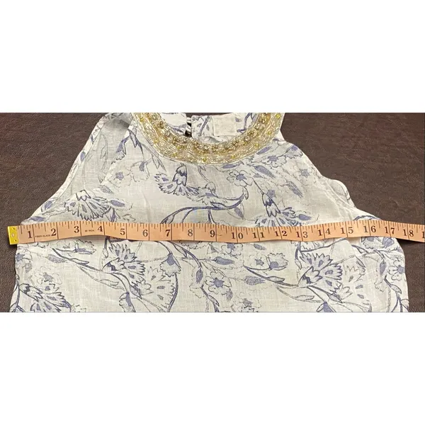 120% Lino Linen Beaded Halter Maxi Dress Floral White Blue EU 38 US 6 Coastal - Image 7