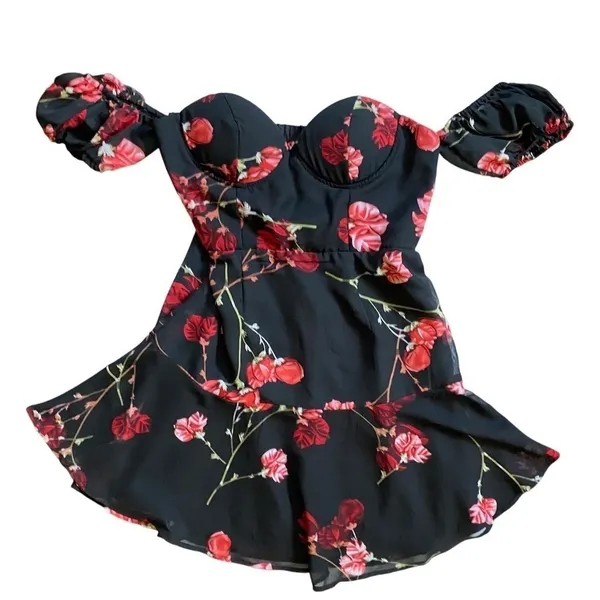 White Fox Black Red Floral Rose Off Shoulder Mini Dress Bustier‎ Large L - Image 2