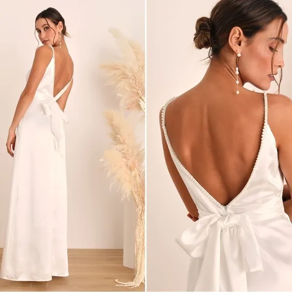 LULU's Bridal Modern Sexy Chic Minimalist Satin Mermaid Trumpet Maxi Gown NWOT - Image 3