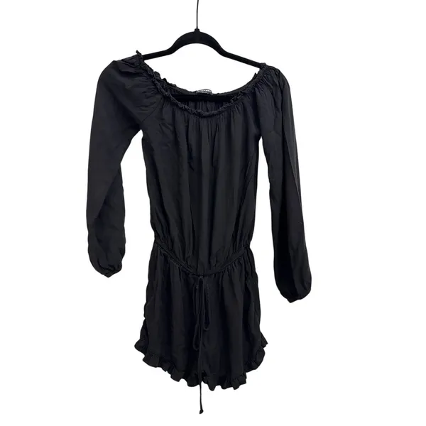Brandy Melville Black Off The Shoulder Long Sleeve Stretch Ruffle Romper OS - Image 4