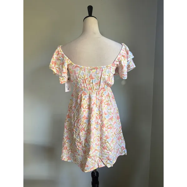 Billabong Enchant Me Floral Mini Dress Pink Yellow Blue Ruffle S resort dainty y - Image 4
