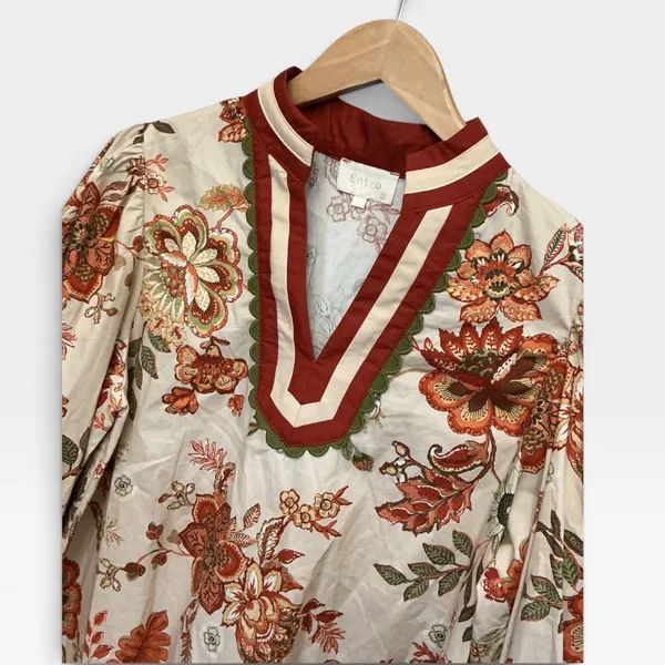 Entro Floral V-Neck Balloon Sleeve Fall Blouse Tan Orange Red Small - Image 7