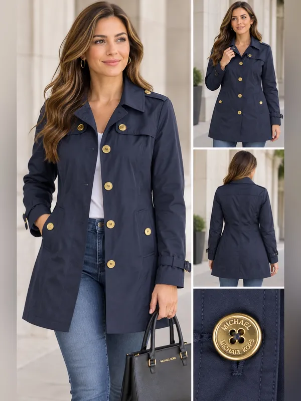 Michael Michael Kors Navy Blue Trench Coat Gold Buttons Women’s Size L - Image 2
