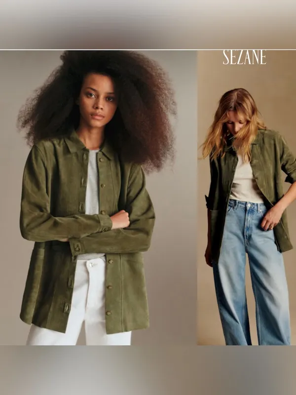 Sezane Camel Suede Goat Leather Will Jacket Olive Green Size Small - Image 2