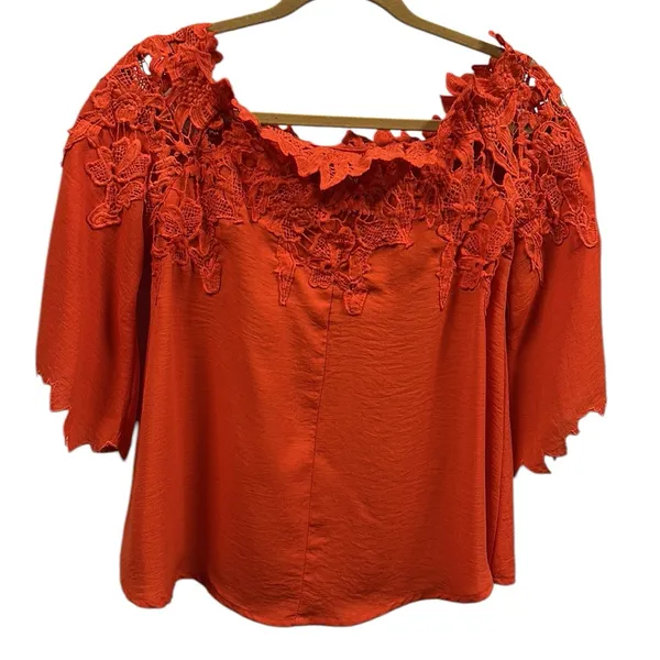 Umgee Red Orange Lace Appliqué Off Shoulder Top Sleeve Detail Womens Small - Image 7