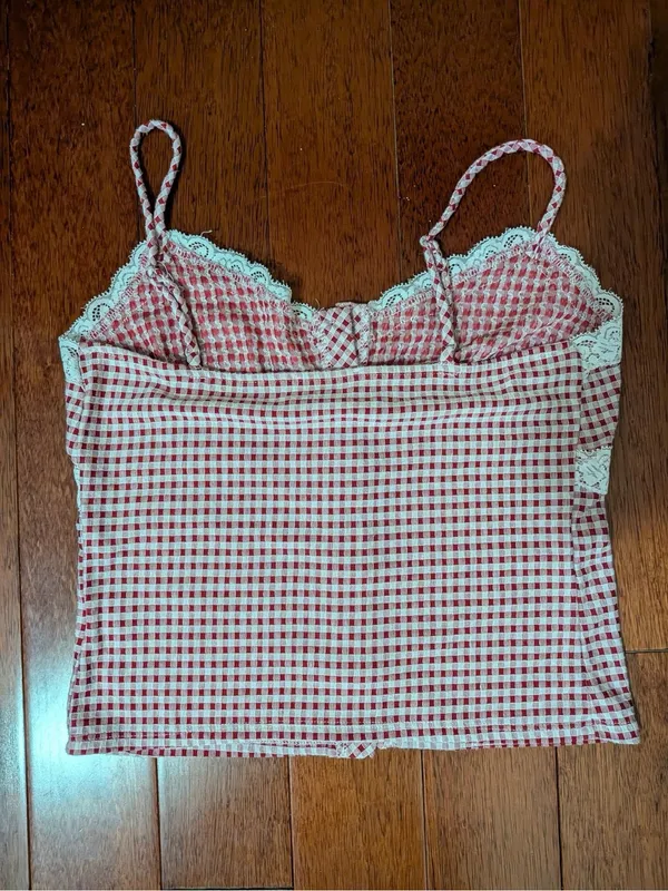 Kirious Red Gingham Lace Button Cami Top Size L Size L - Image 4