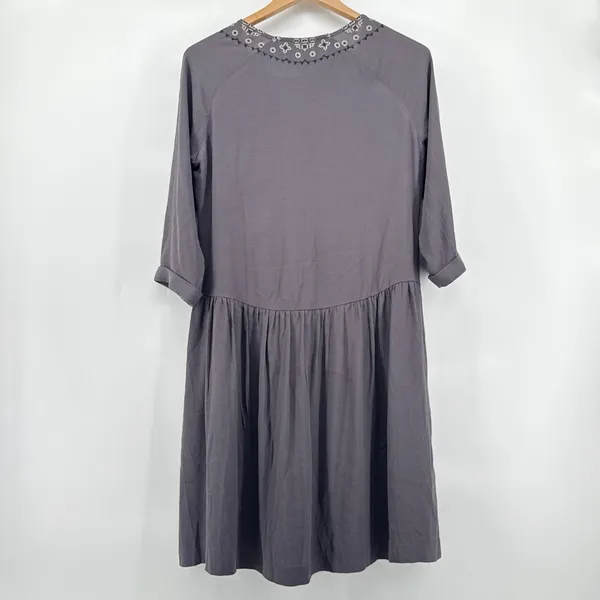 Garnet Hill Gray‎ Embroidered V Neck 3/4 Sleeve Dropped Waist Dress Size 8 - Image 8
