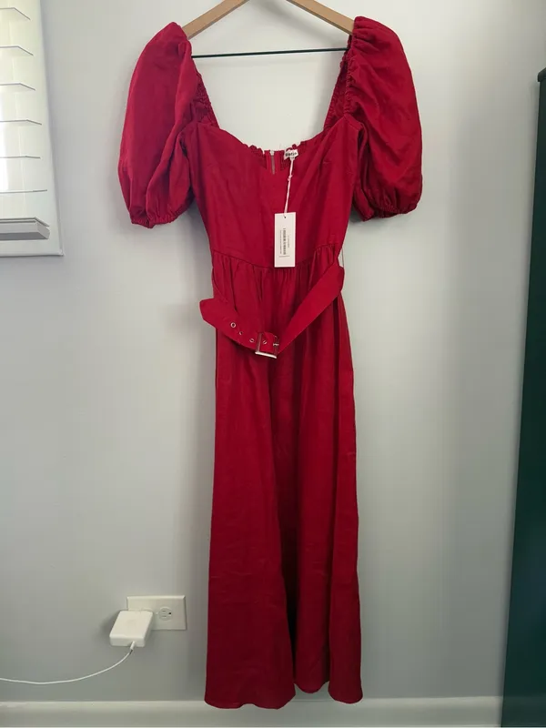 Reformation 4 NEW Tien Linen Dress Cherry Red Fitted Waist Puffy Holiday Belted - Image 2