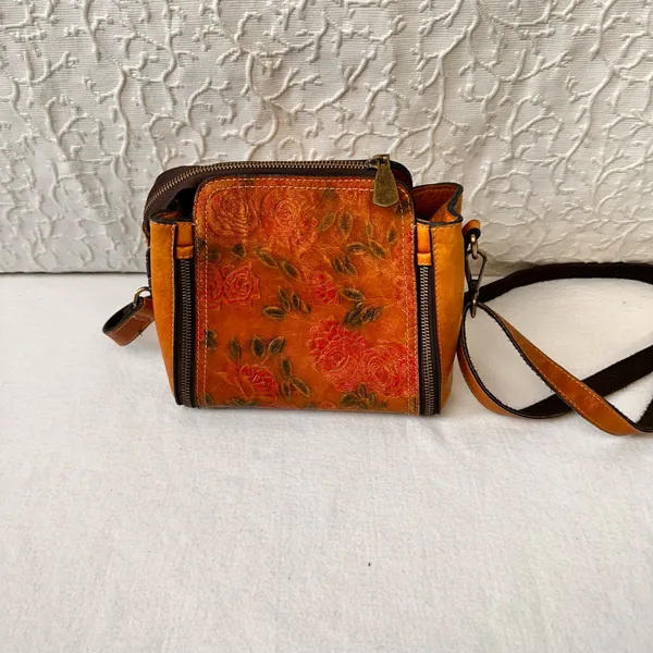 Vintage Leather Women's Purse Floral Embossed Crossbody Bag Small Shoulder Brown - Image 9
