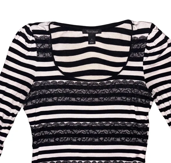 White House Black Market Striped Lace-Trim 3/4 Sleeve Top - Image 2