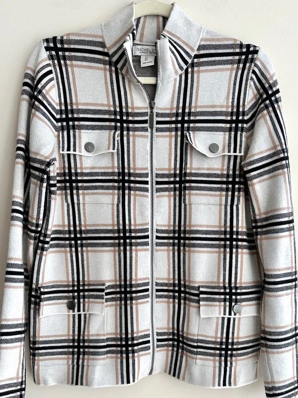 Rachel Zoe Women’s Plaid Sweater Jacket, Black/White/Tan, Fall Outerwear, Large - Image 4
