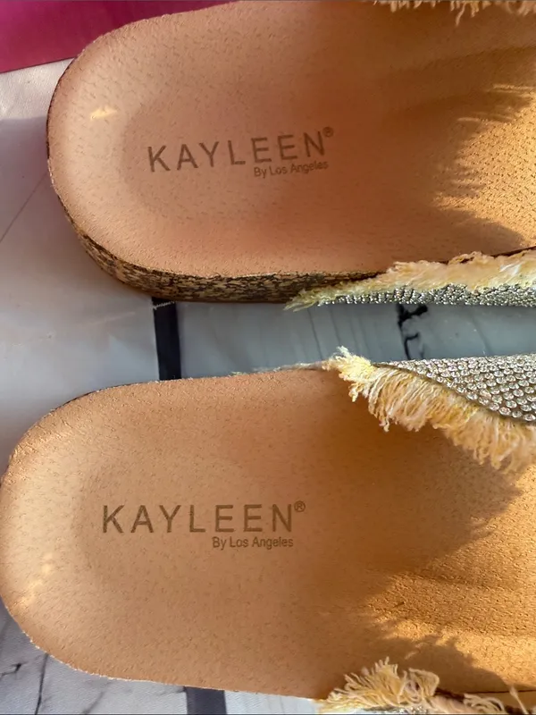 KAYLEEN By Los Angeles Stevie in Yellow Frayed Double-Buckle Rhinestone Slides - Image 8