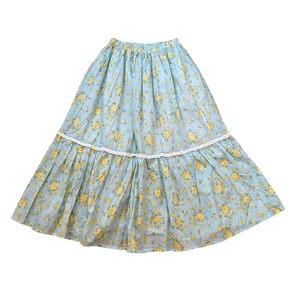 Womens Midi Skirt Light Blue Yellow Floral Cottagecore Boho Feminine Summer - Image 6