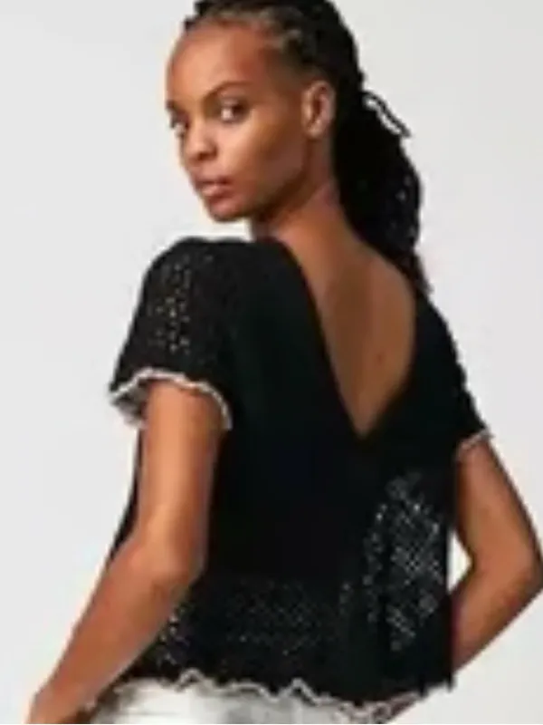 Free People Black Open-Knit V-Neck Crochet Top - Image 2
