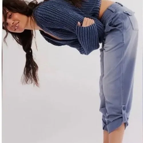 Free People Cleo Washed Chino‎ Pants Gray Roll Tab Hem Size 6 Small - Image 2