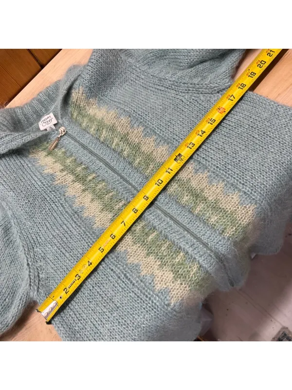 Margaret OLeary Cardigan Sweater Kid Mohair Blend Zip Front Blue Green Size 2 - Image 10