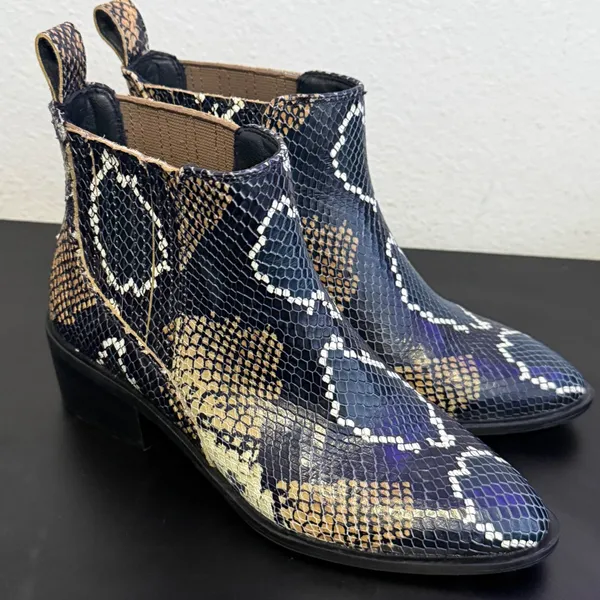 Western Snakeskin Chelsea‎ Boots Pointed Toe Block Heel Animal Print Womens 6 - Image 3