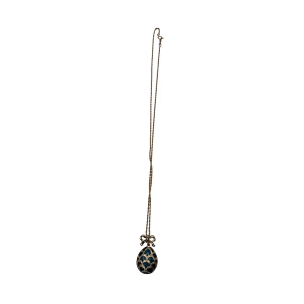 Vintage Blue Enamel Egg Pendant Necklace Bow Detail Gold Tone Chain‎ 18" - Image 6