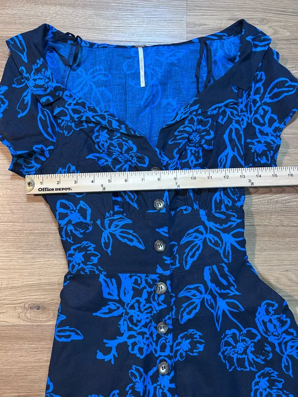 Free People 0 Blue Floral Linen Blend Button Front Tie Waist Dress Pockets - Image 7