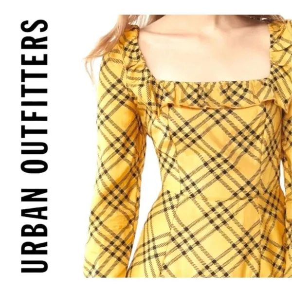 Womens Urban Outfitters Womens Yellow Plaid Dark Academia Ruffle Neck Dress Sz M - Image 2