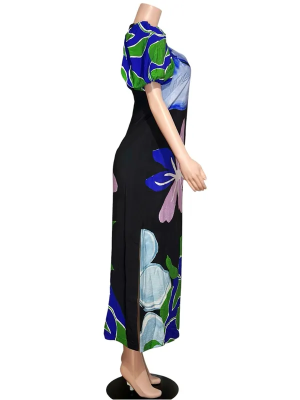 ANTHROPOLOGIE Puff-Sleeve A-Line Maxi Dress, Black Floral, Small - Image 8