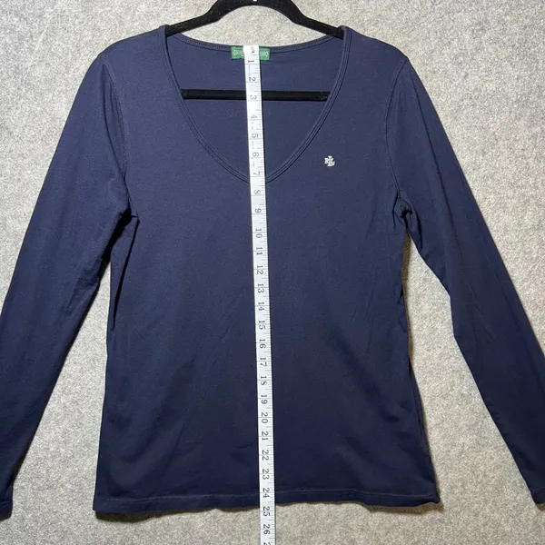 Lauren Ralph Lauren Navy Blue V-Neck Long Sleeve Cotton Top RL Monogram Size M - Image 3