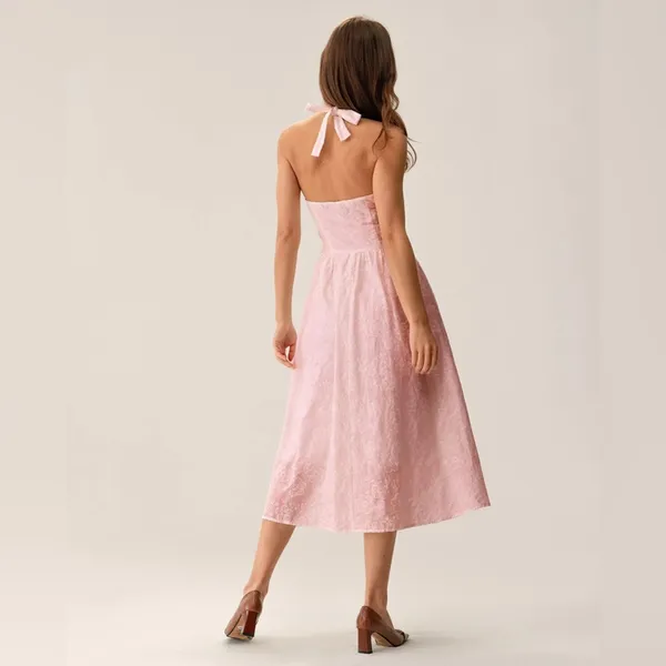 Rihoas Pink Embroidery Halter Midi Dress - Image 4