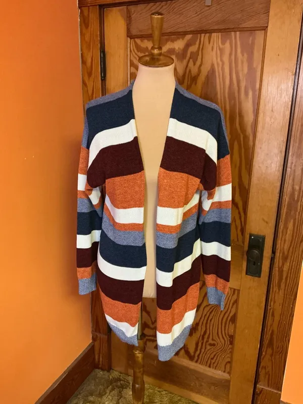 Boho Striped Long Cardigan Duster Cozy Fall Layer Rust Blue XL ECOWISH - Image 10