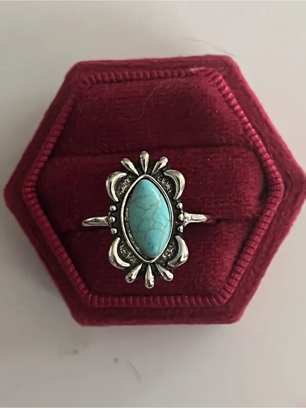 Bohemian Style Stainless Steel Silver Faux Turquoise Ring Size 8 NWT - Image 2
