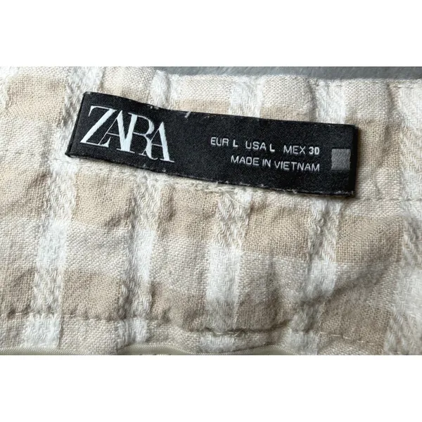 Zara Womens Size Large Beige Gingham Paperbag Waist Linen Blend Shorts Tie Belt - Image 4