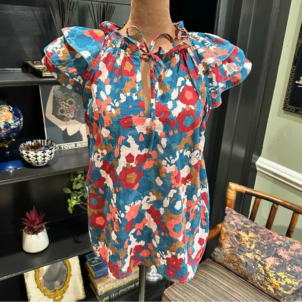 Olivia James Astrid Ruffle Sleeve Top – XS – Abstract Floral in 100% Cotton - Image 2