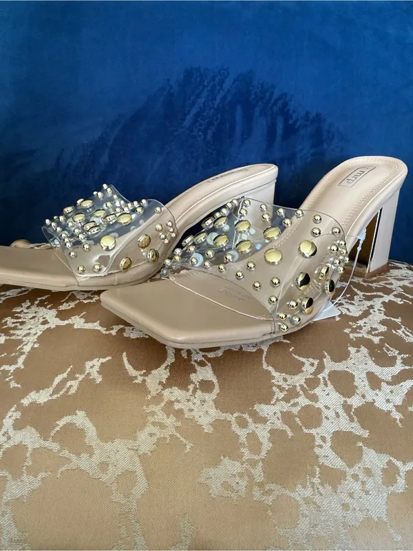 Studded Clear Strap Nude Block Heel Mules Tan Size 11 - Image 2