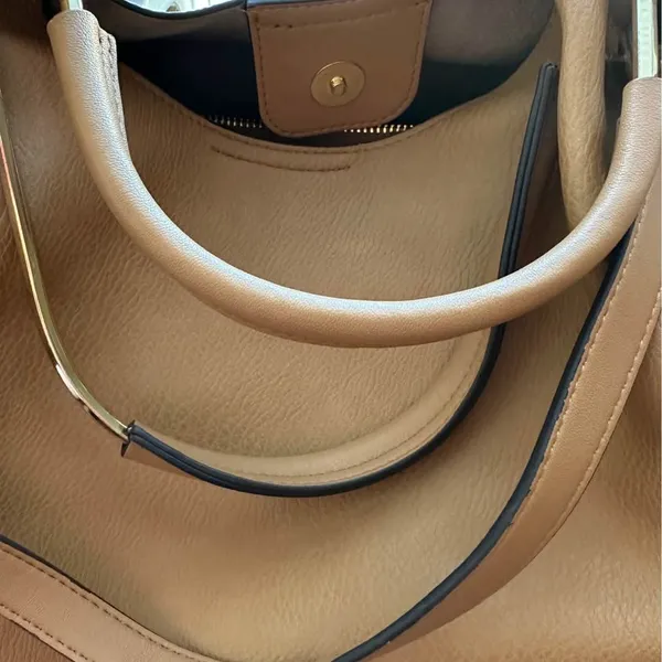 Sondra Robert squared pebbled, faux, leather satchel purse, gold accents, great - Image 2
