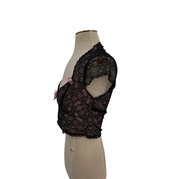 Sugar Thrillz Dolls Kill Lace Crop Top Black Pink Bow Sheer Floral NWT Medium - Image 4