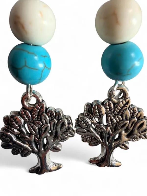 Handmade Tree of Life Dangle Earrings - White & Turquoise Bead - Image 3