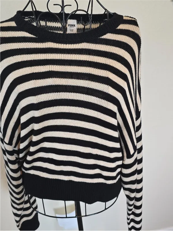 PINK Victoria's Secret Navy and White Striped Crewneck Sweater - Image 5
