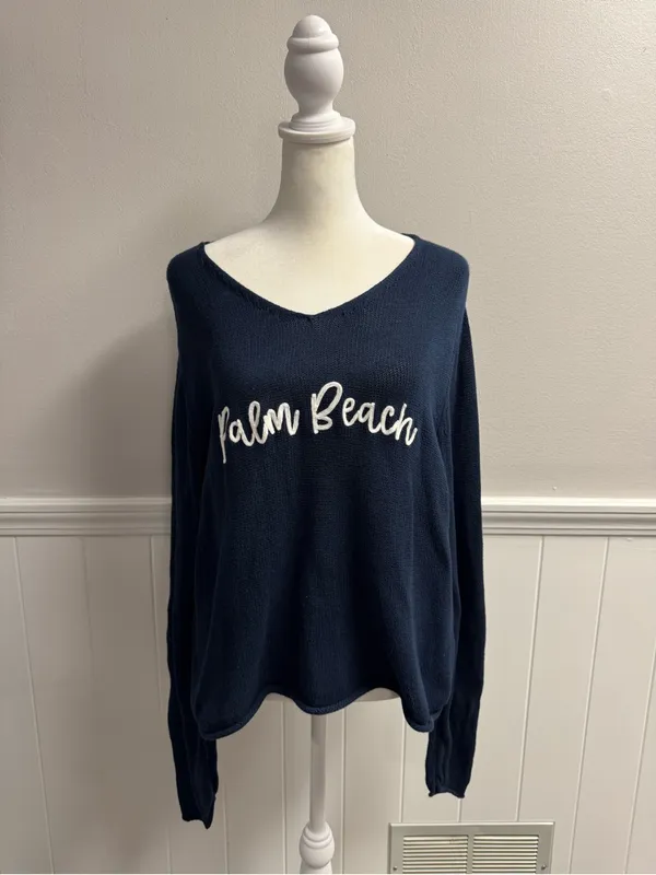 Pearls & Camo Palm Beach Long Sleeve Pullover Knit Sweater Blue Medium Coastal - Image 11