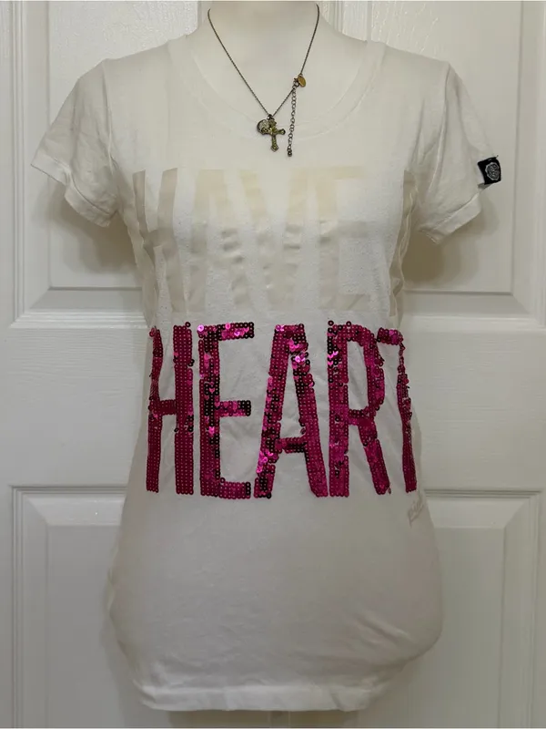 Victoria's Secret 2000s vintage style white & pink sequin Have A Heart graphic tee - Image 2