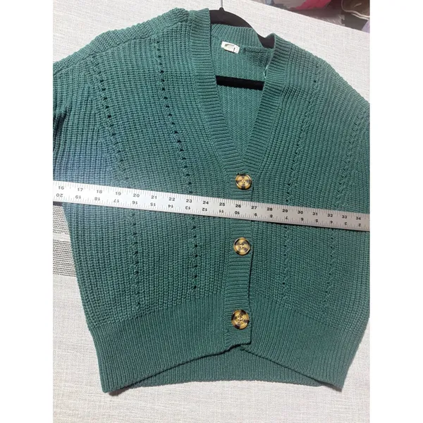 Garage Teal Green Shaker Knit Pointelle Button Front Cardigan Sweater Womens S - Image 4